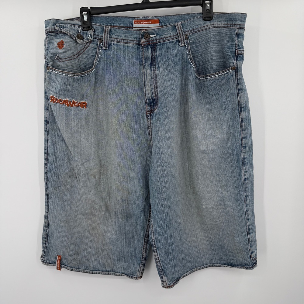 Rocawear Mens‎ Denim Shorts Light Wash Embroidered Y2K Baggy Hip Hop Size 42W